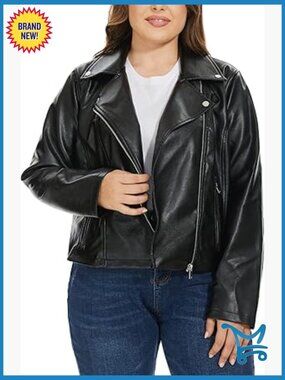 Faux Leather Moto Jacket, Zip Up, Fitted Plus Size Coat